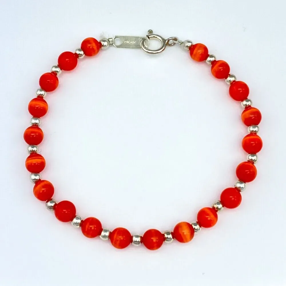 New Women's Sterling Silver 925 Red Synthetic Cat's Eye Beaded Bracelet 7"